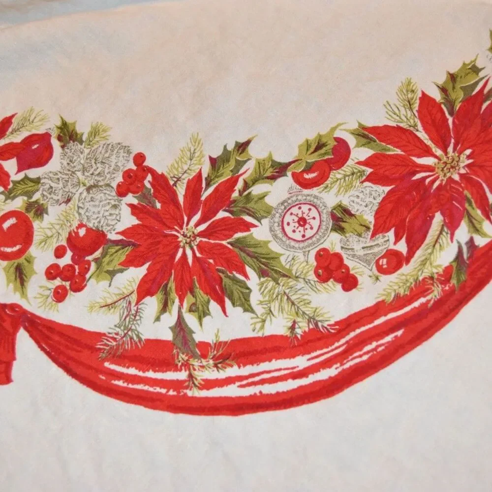 Vintage Christmas Poinsettia Tablecloth Square Holiday Red Green 50x50